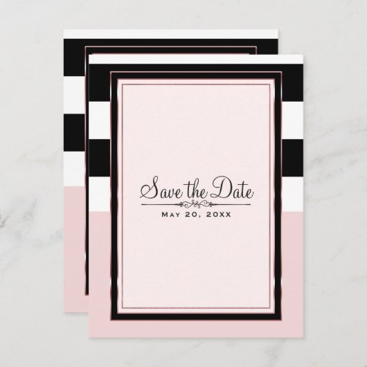 ピンクモダンブラックとホワイトストライプの日付を保存 案内ポストカード (正面/裏面)
