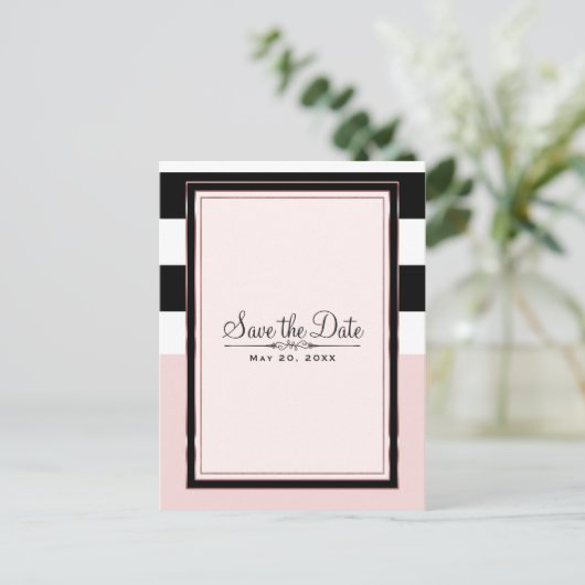 ピンクモダンブラックとホワイトストライプの日付を保存 案内ポストカード (スタンド正面)
