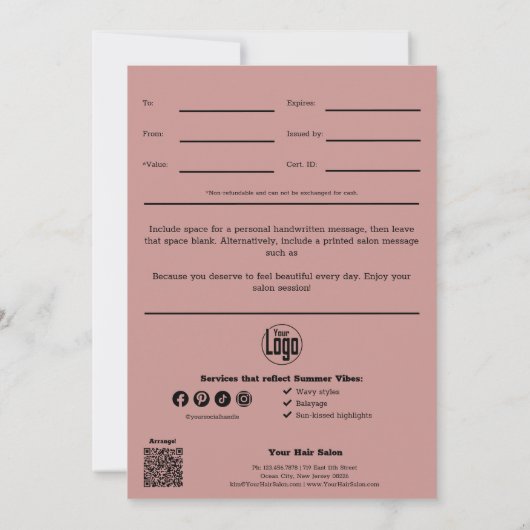 ピンクモダンブラックのスタイリスト6月のギフト券 (裏面)