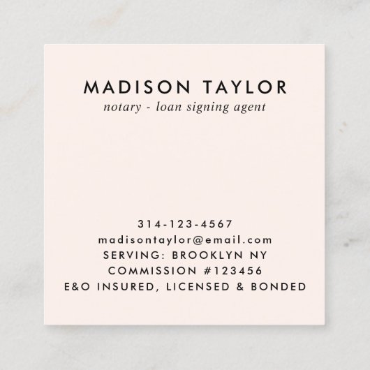 ピンクモダンブラックフェザークイルニブパブリック公証人 スクエア名刺 (裏面)