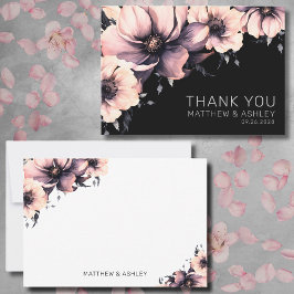 ピンクモダンブラックフローラ結婚ズ サンキューカード
