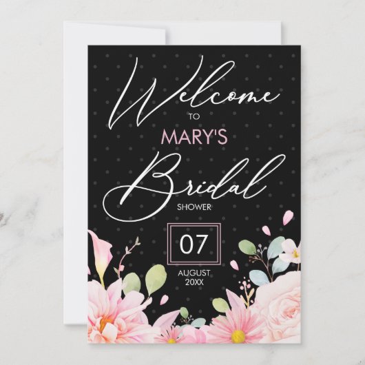 ピンクモダンブラックブライダルシャワーパーティー予算の招待者 招待状 (正面)