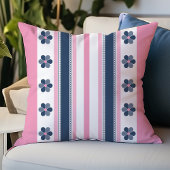 ピンクモダンブルーのストライプフローラ クッション