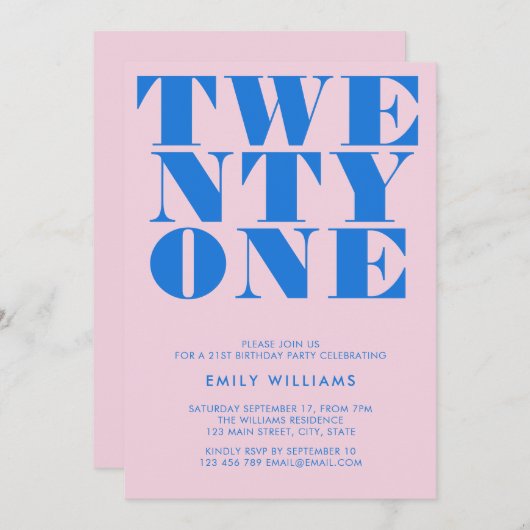 ピンクモダンブルーはっきりしたタイポグラフィ21歳 招待状 (正面/裏面)