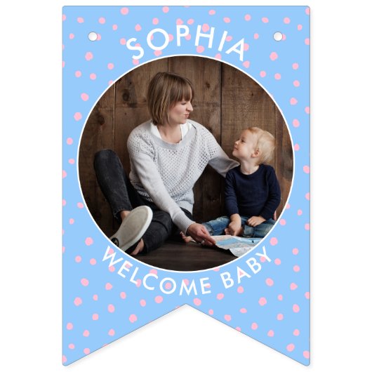 ピンクモダンブルーウェルカムベビー生まれたばかりの写真 バンティングフラッグ (第2の旗)