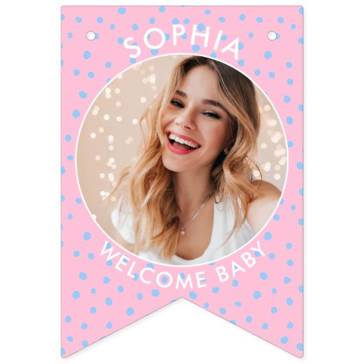 ピンクモダンブルーウェルカムベビー生まれたばかりの写真 バンティングフラッグ (第1の旗)