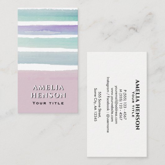 ピンクモダンブルーウォーターストライプカラー 名刺 (正面/裏面)