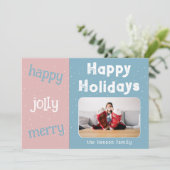 ピンクモダンブルーフォトスノーフレーククリスマスハッピー シーズンカード (スタンド正面)