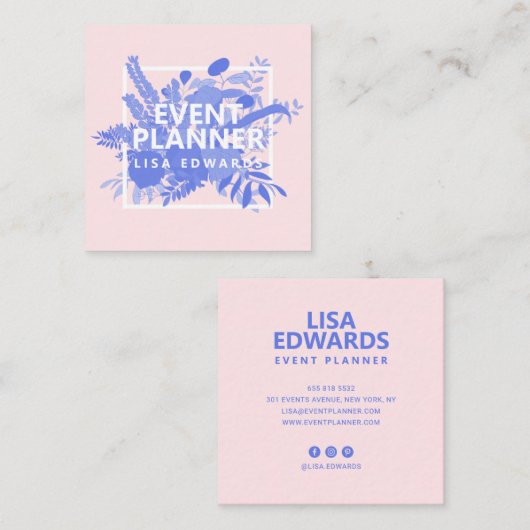 ピンクモダンブルーフローライラストレーションミニマル スクエア名刺 (正面/裏面)