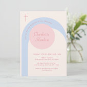ピンクモダンブルーベージュボホアーチクロスバプテスマ 招待状 (スタンド正面)