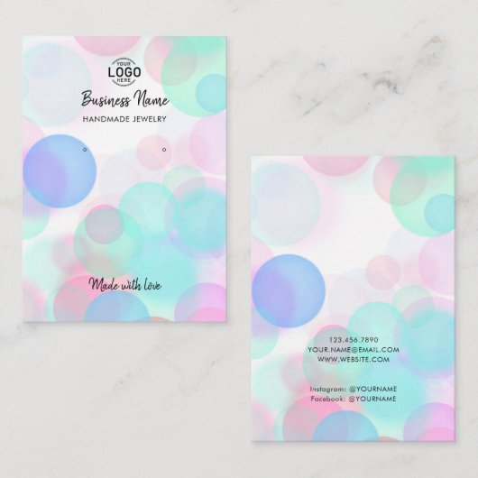 ピンクモダンブルー気泡イヤリング表示カード 名刺 (正面/裏面)