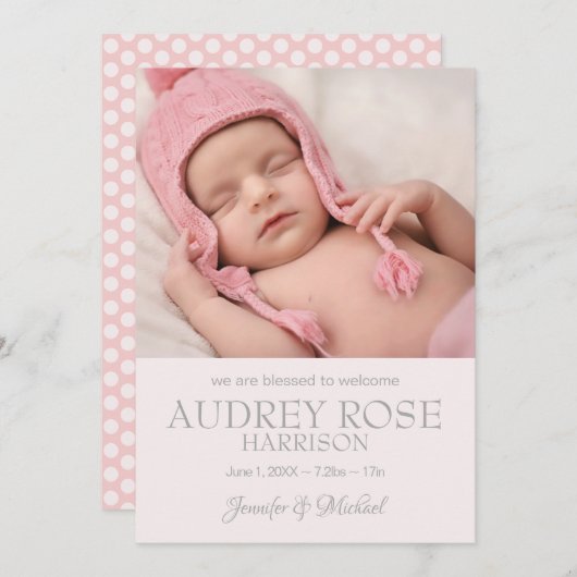 ピンクモダンベビーガール誕生 案内状 (正面/裏面)