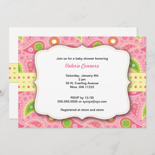 ピンクモダンペイズリーガールベビーシャワー招待状 招待状 (正面/裏面)