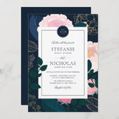 ピンクモダンペニーズゴールドフォイルモノグラムII結婚s 招待状 (正面/裏面)