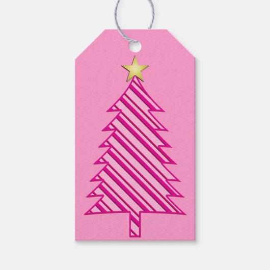 ピンクモダンペパーミントのクリスマスツストライプリー ギフトタグ (正面)