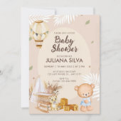 ピンクモダンホワイトテディベアフローラデザイン 招待状 (正面)