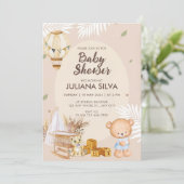 ピンクモダンホワイトテディベアフローラデザイン 招待状 (スタンド正面)