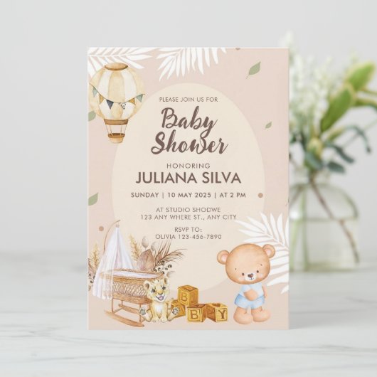 ピンクモダンホワイトテディベアフローラデザイン 招待状 (スタンド正面)