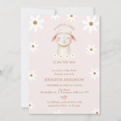 ピンクモダンホワイトデイジーリトルラムベビーシャワー 招待状 (正面)