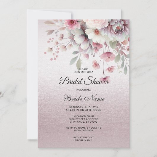 ピンクモダンホワイトフローラブライダルシャワー 招待状 (正面)