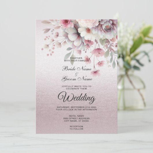 ピンクモダンホワイトフローラ結婚式招待状 招待状 (スタンド正面)