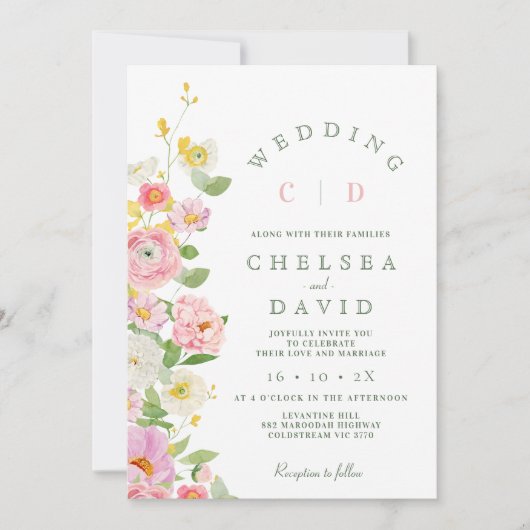 ピンクモダンホワイトモノグラム結婚フローラ 招待状 (正面)