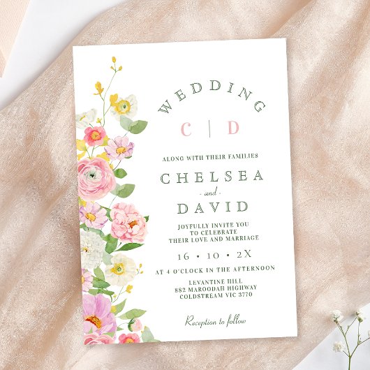 ピンクモダンホワイトモノグラム結婚フローラ 招待状