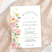 ピンクモダンホワイトモノグラム結婚フローラ 招待状