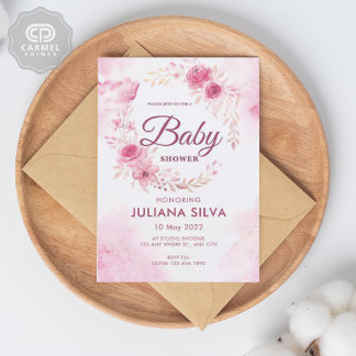 ピンクモダンホワイトローズフローラルパターンデザイン 招待状