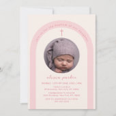 ピンクモダンボホアーチクロスガール写真バプテスマ 招待状 (正面)