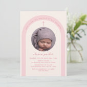 ピンクモダンボホアーチクロスガール写真バプテスマ 招待状 (スタンド正面)