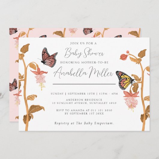 ピンクモダンボホバタフライガールベビーシャワー 招待状 (正面/裏面)