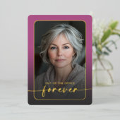 ピンクモダンミニマルのフォト退職パーティー 箔招待状 (立ち正面)