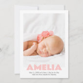 ピンクモダンミニマルガール写真誕生発表 案内状 (正面)