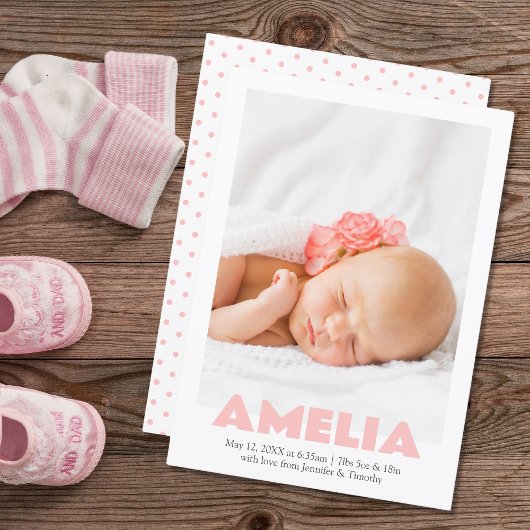 ピンクモダンミニマルガール写真誕生発表 案内状