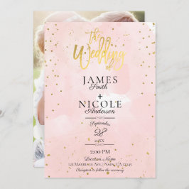 ピンクモダンミニマルゴールド箔フルフォト結婚ズ 招待状