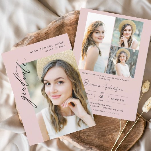 ピンクモダンミニマル写真卒業パーティー 招待状