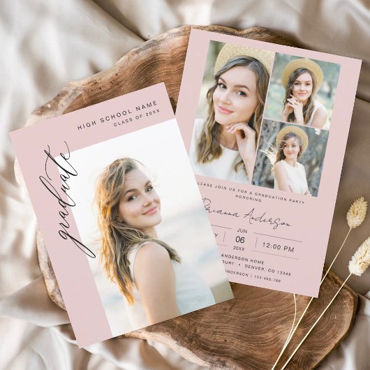 ピンクモダンミニマル写真卒業パーティー 招待状