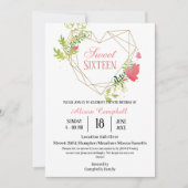 ピンクモダンモダンフローラスウィート16誕生日パーティー 招待状 (正面)