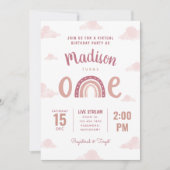 ピンクモダンレインボークラウドバーチャルファースト誕生日 招待状 (正面)