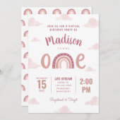 ピンクモダンレインボークラウドバーチャルファースト誕生日 招待状 (正面/裏面)