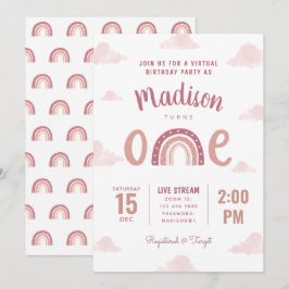ピンクモダンレインボークラウドバーチャルファースト誕生日 招待状