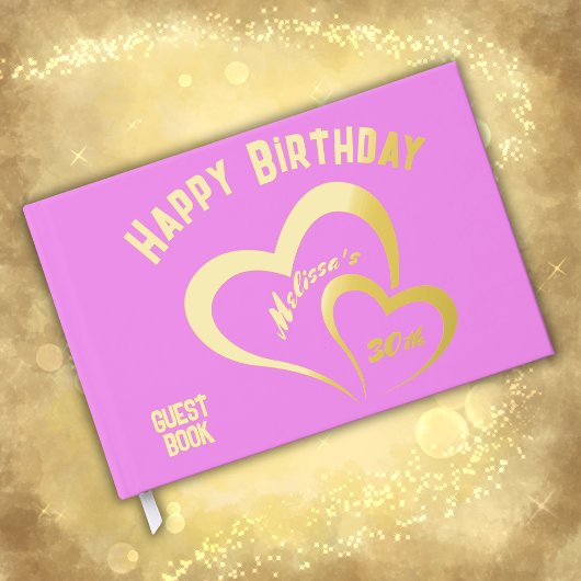 ピンクモダンレクトのゴールドフォイル誕生日。モノグラム | ゲストブック