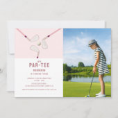 ピンクモダンレッツパーティーゴルフの誕生日の写真 招待状 (正面)