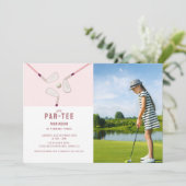ピンクモダンレッツパーティーゴルフの誕生日の写真 招待状 (スタンド正面)