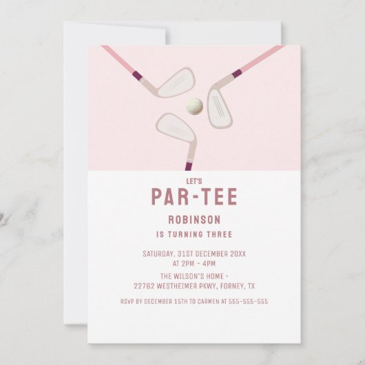 ピンクモダンレッツパーティーゴルフの誕生日 招待状 (正面)