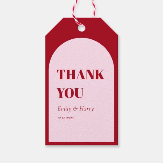ピンクモダンレッドアーはっきりしたチ結婚式の引き出物 ギフトタグ (正面)