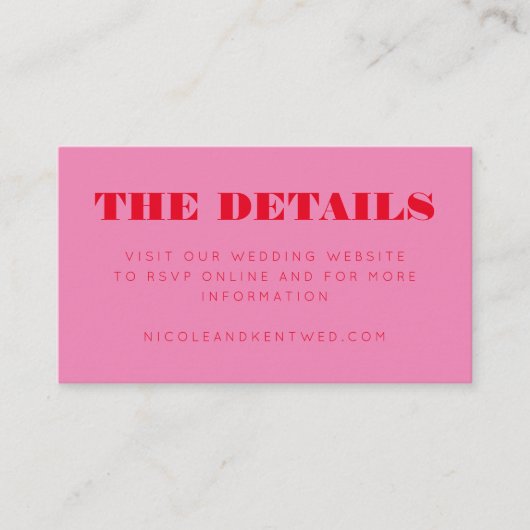 ピンクモダンレッドウェディングRSVP詳細サイト エンクロージャーカード (正面)