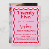 ピンクモダンレッドウェーブカーブ25thバースデーパーティー 招待状 (正面/裏面)