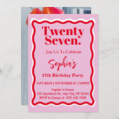 ピンクモダンレッドウェーブカーブ27thバースデーパーティー 招待状 (正面/裏面)